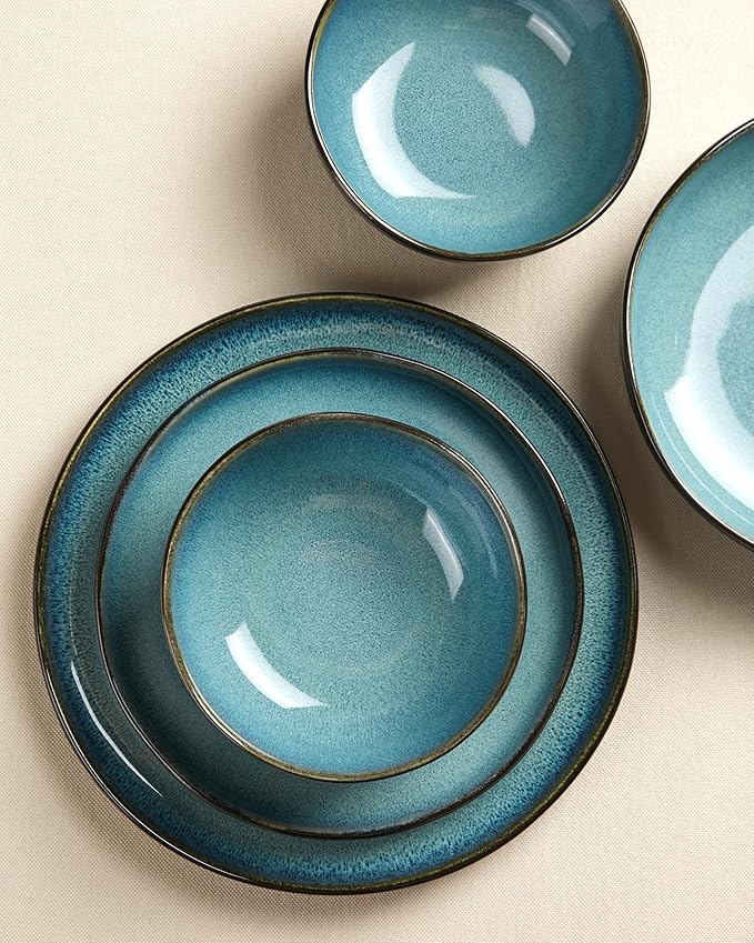 Pokini 24 Pieces Dinnerware Set for 6 with Pasta Bowls, Complete Ceramic Dish Set, Stackable & Glossy Stoneware Plate and Bowl Set for Effortless Everyday Hosting, Green Black
