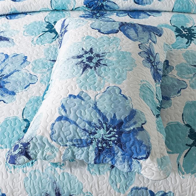 HoneiLife Quilt Sets Queen Size - 3 Piece Microfiber Quilts Reversible Bedspreads Print Coverlets Floral Bedding Set All Season Bedcover- Splash-Ink Painting,Blue & Cyan