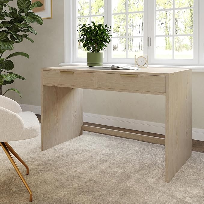 Martha Stewart Kayden Home Office Modular Desk with 2 Drawers in Light Natural with Brushed Gold Hardware