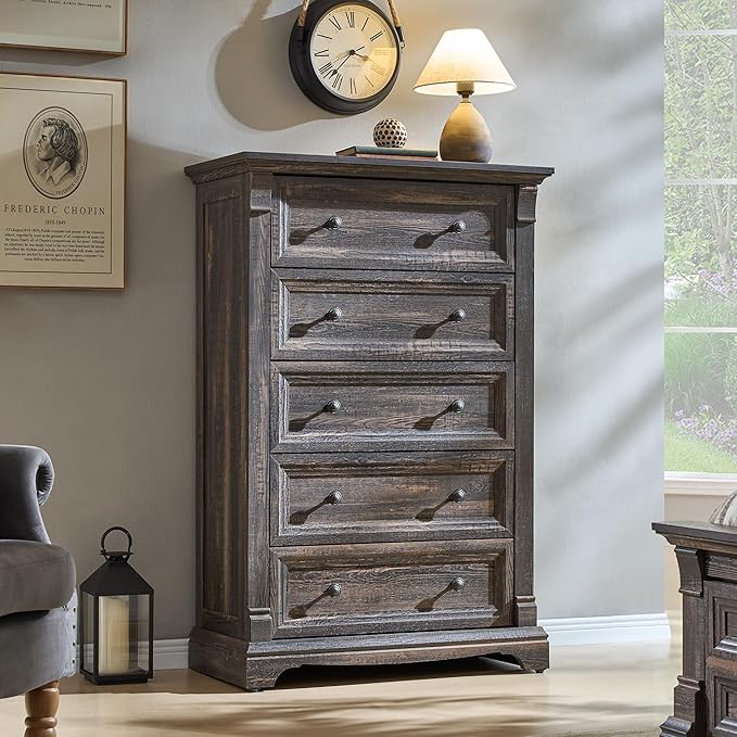 T4TREAM Farmhouse 5 Drawer Dresser for Bedroom, 47" Tall Wood Dresser with Ample Storage Space and Rustic Charm, Dark Rustic Oak