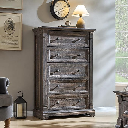T4TREAM Farmhouse 5 Drawer Dresser for Bedroom, 47" Tall Wood Dresser with Ample Storage Space and Rustic Charm, Dark Rustic Oak
