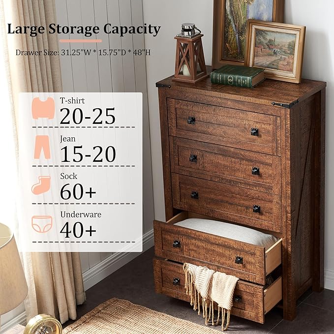 RedLemon Farmhouse 5 Drawer Dresser, 48" Tall Rustic Chest of Drawers, Wood Dresser for Bedroom, Living Room, Hallway, Reclaimed Barnwood Color
