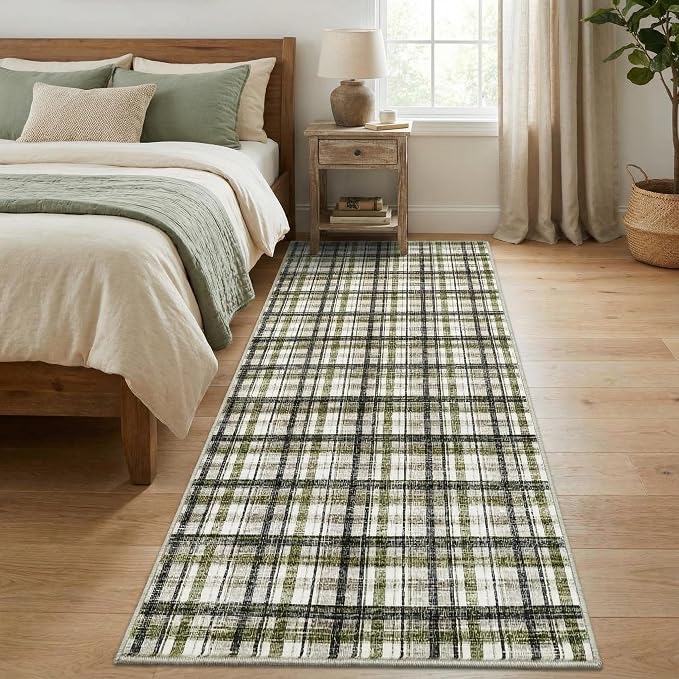 2x10 Runner Rug Bathroom Rugs Non Slip Machine Washable Hallway Rug Modern Soft Non-Shedding Kitchen Runners for Bathroom Bedroom Entryway Nursery, Green&Taupe
