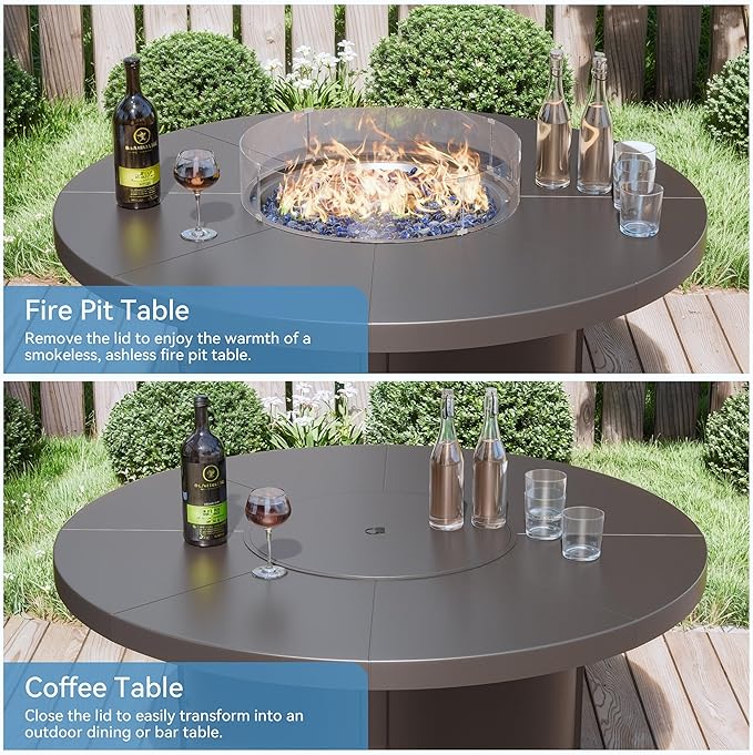 Kullavik 48" Round Propane Fire Pit Table,55000 BTU Auto-Ignitiongas Gas Fire Table with Fire Glass and Lid,Waterproof Cover and Blue Glass Stone for Patio,Balcony,Garden