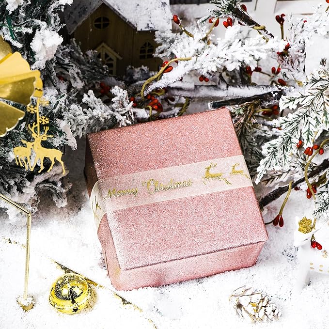 LeZakaa Rose Gold Christmas Wrapping Paper Mini Roll, Glitter Foil Matte and Reindeer Snowflake Design Holiday Gift Wrap, Arts Craft, for Xmas Winter Party, 17 x 120 inches, 3 Rolls