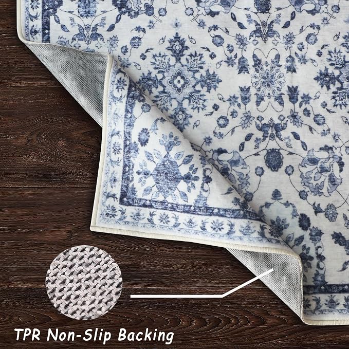 vivorug 3x5 Rug, Stain Resistant Washable Rug for Living Room, Floral Area Rug Vintage Inspired (Ivory/Blue, 3'x5')