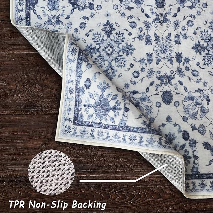 vivorug Runner Rug 2x10 Machine Washable Rug with Non-Slip Backing, Ideal for Kitchen Hallway Entryway Laundry Room - Vintage, Durable, Easy Clean, Low Pile Carpet Runner, Ivory/Blue