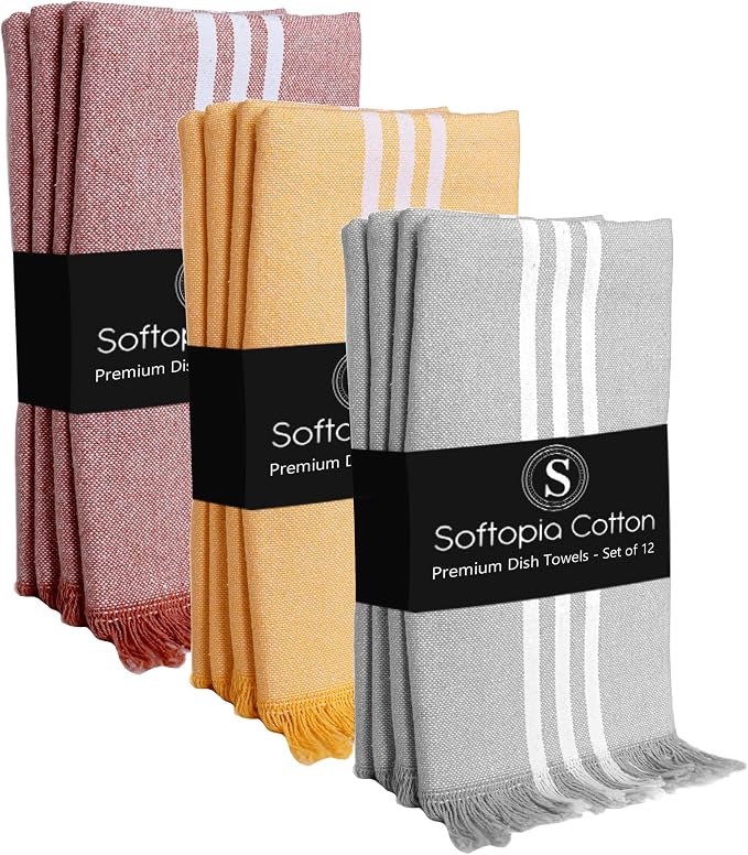Stripe Dish Towels 12 Pack, 16x26 Inches, Multi-Color Tea Towels, Quick Dry Rags for Cleaning, Absorbent and Washable Wipes, Durable Dish Cloths Set - Light Grey, Mustard Yellow, Rust