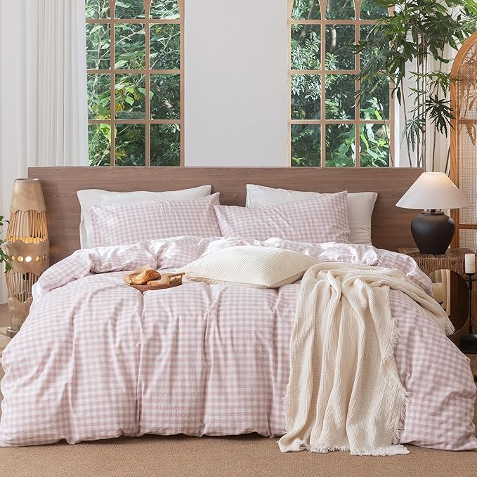 MooMee Gingham Duvet Cover Set 100% Washed Cotton Linen Like Textured Breathable Durable Soft Comfy Modern Checkered Design (Classic Gingham Greyish Pink, Twin 68"x90")