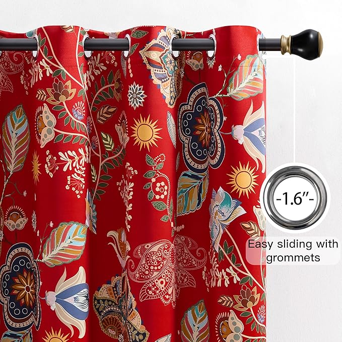 XiDi Red Floral Curtains 108 Inches Long 2 Panels 100% Blackout Vintage Botanical Leaf Patterned Curtains for Living Dining Room Thermal Insulated Room Darkening Luxury Colorful Drapes Grommet 52x108