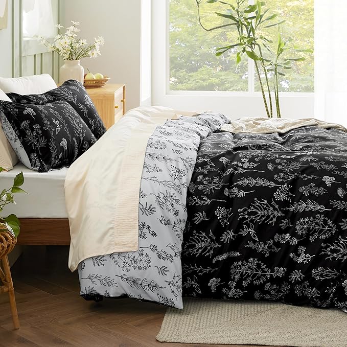 Bedsure Duvet Cover Queen Size - Reversible Black Queen Duvet Cover Set with Zipper Closure, 3 Pieces Floral Patterned Bedding Set with 8 Corner Ties and 2 Pillow Shams