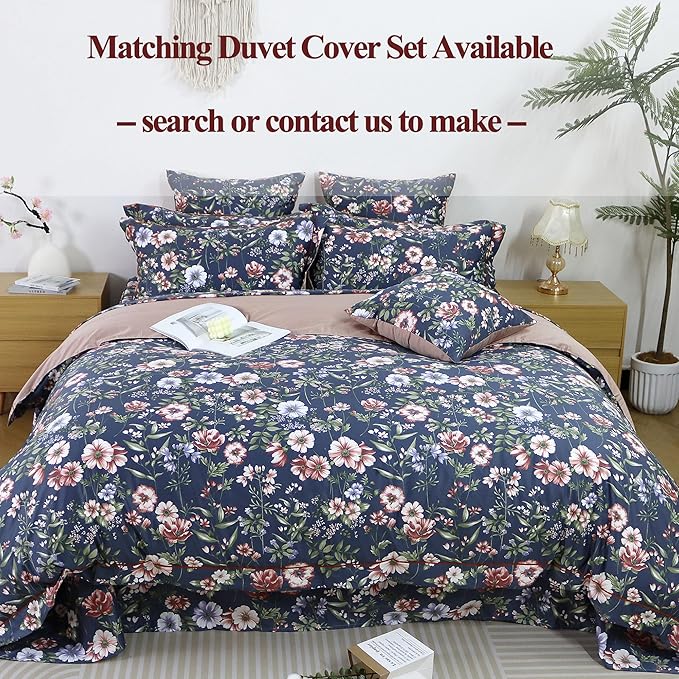 FADFAY Sheets Set Queen Vintage Dark Blue Floral Bedding Shabby Peony Floral Sheets French Country Farmhouse Bedding 800 Thread Count 100% Egyptian Cotton Deep Pocket Fitted Sheet 4Pcs, Queen Size