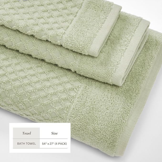 Great Bay Home Bath Towels - 100% Cotton 4 Pack 54x27 Bath Towel Set - Absorbent, Durable, Quick-Dry Towels for Bathroom (Pale Green)