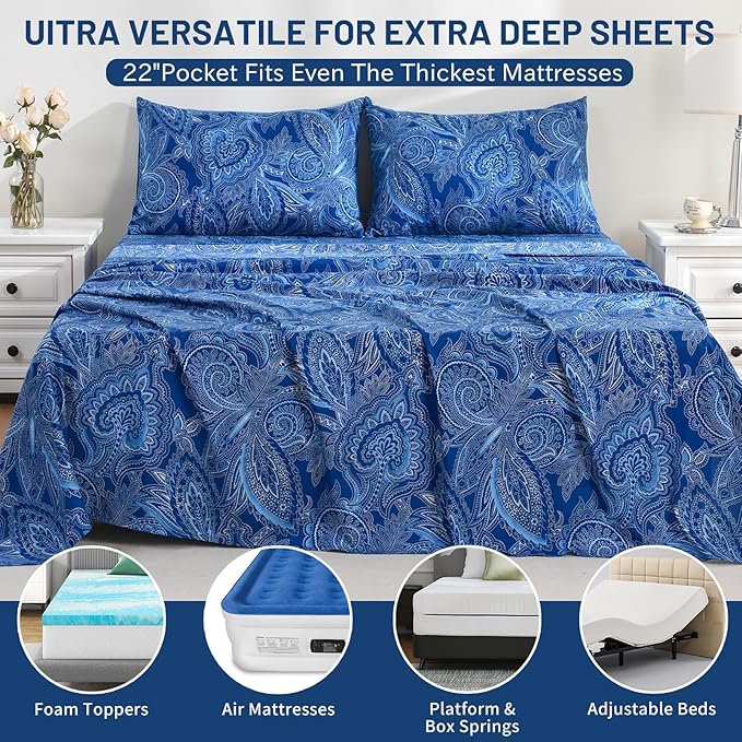 Bedlifes King Size Extra Deep Pocket Sheet Sets - Fits Mattresses Up to 18-24" Thick, 4-Piece Microfiber Set with 1800 Thread Count, Soft, Smooth, Breathable, Featuring Paisley Dark Navy Blue