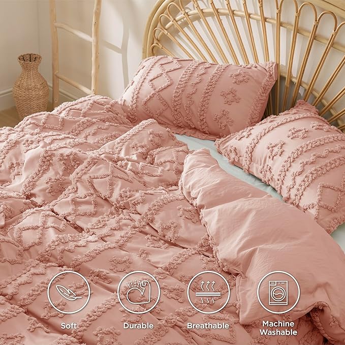 Bedsure Boho Duvet Cover Queen Size, Soft & Comfortable Elegant Design Boho Bedding for Decoration, Machine Washable Comforter Cover for All Seasons,Includes 1 Duvet Cover & 2 Pillow Shams,Light Pink