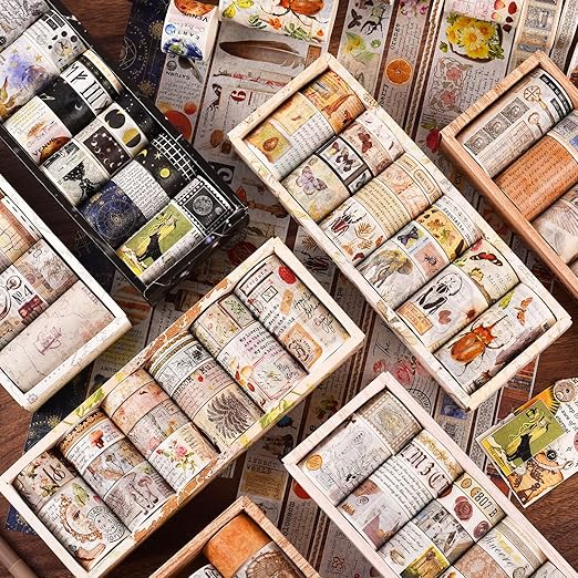 18 Rolls Vintage Washi Tape Set, Castle Stamp Music Retro Masking Tape 5/10/15/20/25/30/50/75mm Wide 6.56ft Long Decorative Scrapbook Tape for journaling, Scrapbooking Supplies, Junk Journal Craft