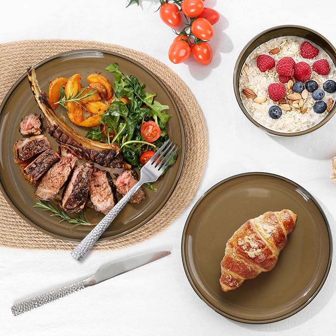 E-far Stoneware Dinnerware Sets for 6, 18 Pieces Reactive Glaze Plates and Bowls Sets, Elegant Dishes with Rustic Terracotta Clay Base, Dishwasher & Microwave Safe, Scratch Resistant, Deep Camel
