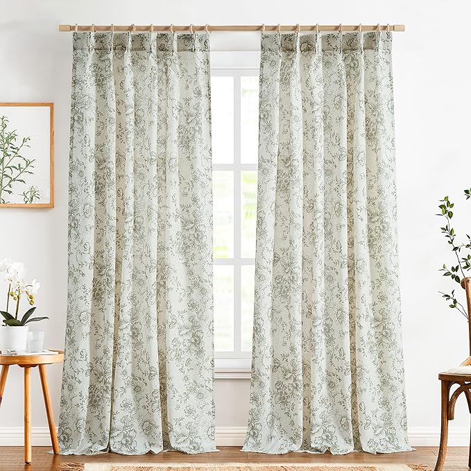 jinachan Pinch Pleated Curtains Floral Linen Blend Curtains for Living Room 96 Inches Length Christmas Green Peony Flower Printed Curtain Rod Pocket Back Tab Farmhouse Drapes with Hooks Set 2 Panels