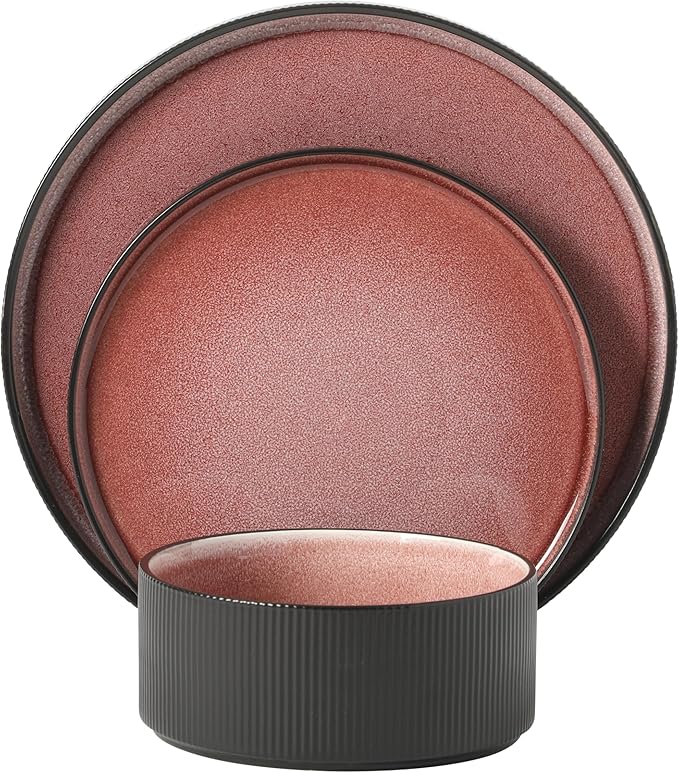 Gibson Elite Redrock Canyon 12-Piece New Bone China Dinnerware Set Service for 4, Reactive Glaze Plates and Bowls, Dishwasher and Microwave Safe, Brick Red