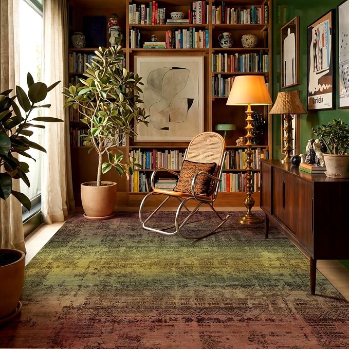 Kokia Abstract Terracotta Area Rugs Boho Washable Distressed Retro Indoor 6x9 Rug Low Pile Non-Slip Non-Shedding Carpet Bedroom Living Room Dining Room, Brown and Tan