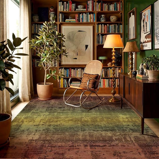 Kokia Abstract Terracotta Area Rugs Boho Washable Distressed Retro Indoor 6x9 Rug Low Pile Non-Slip Non-Shedding Carpet Bedroom Living Room Dining Room, Brown and Tan
