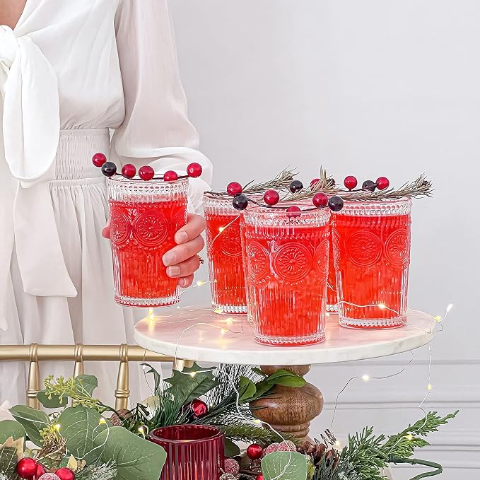 Kate Aspen Vintage Textured Clear Striped Drinking Glasses Set of 6, (13 oz) Ribbed Glassware with Flower Design | Cocktail Set, Glass Cups, Iced Coffee Cup (Pack of 4)