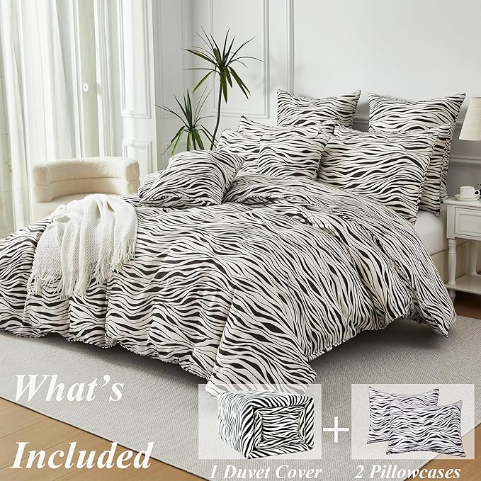 FADFAY Zebra Duvet Cover King, 100% Cotton Chocolate and White Animal Print Bedding Set, 3 Pieces with Zipper Closure & Corner Ties