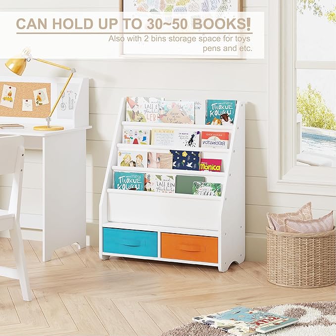 UTEX Kids Bookshelf with Storage Bins, Book Shelf for Kids Rooms, 4-Tier Toddler Sling Bookshelf for Nursery, Living Room, Bedroom, White