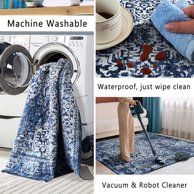 vivorug Runner Rug 2'x7' Vintage Washable Non-Slip Runners for Hallways Kitchen Entryway Laundry Room Carpet Hallway Runner Navy Blue