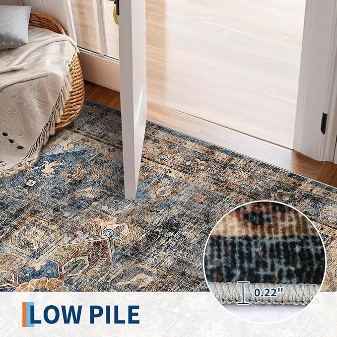 Washable 4x6 Area Rug Boho Vintage Floral Small Carpet Low Pile Soft Bedroom Carpet Non Slip Office Rugs Non Shedding Floor Covers for Nursery Kitchen Dining Living Room Blue Brown