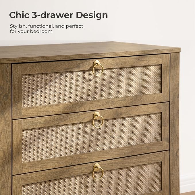 SICOTAS Night Stand with Drawers, Large Rattan Bedside Table with Golden Handle, 3 Drawers Nightstand Tall End Table Side Table Boho Nightstand for Bedroom