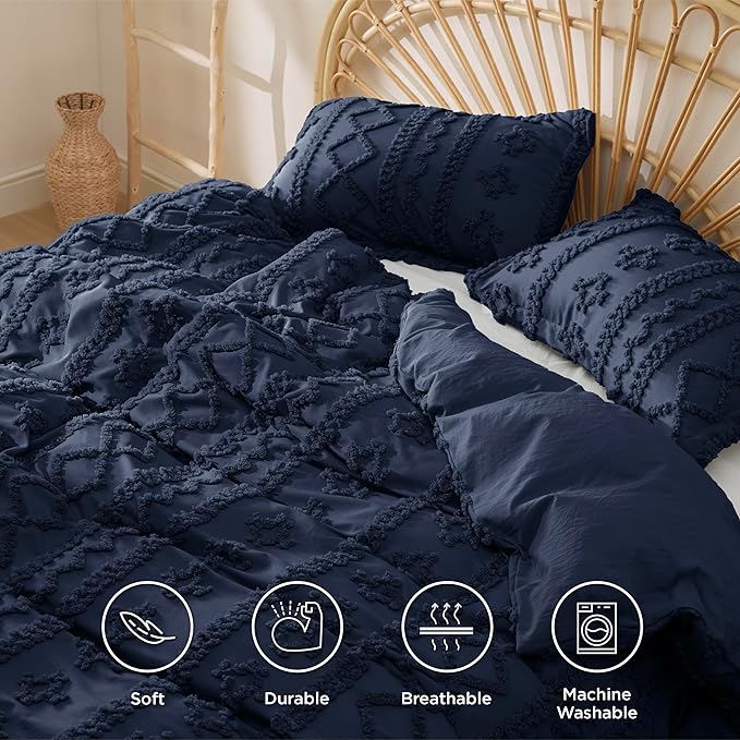 Bedsure Boho Duvet Cover Queen Size, Soft & Comfortable Elegant Design Boho Bedding for Decoration, Machine Washable Comforter Cover for All Seasons,Includes 1 Duvet Cover & 2 Pillow Shams,Navy