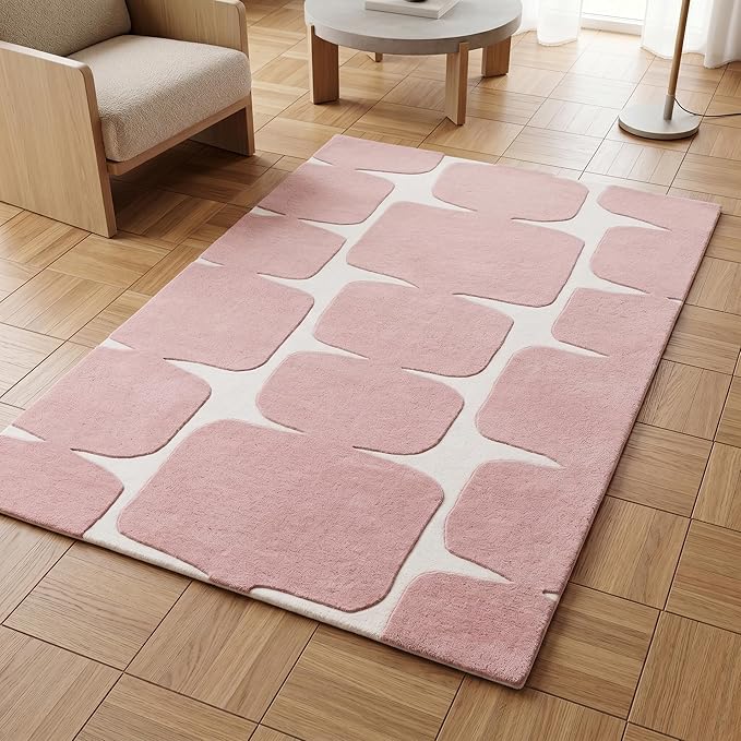 Restoration and Renovation Modern Wool Area Rug - Contemporary Abstract Geometric Design, Thick & Soft Hand-Tufted Carpet - Ideal for Indoor Decor in Living Room, Bedroom (Pink, 3' x 5')