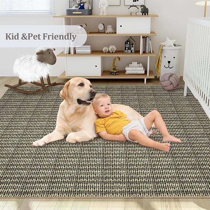 Area Rug 8x10 Washable Modern Braided Large Rug for Living Room Low Pile Soft Bedroom Modern Carpet Non Slip Thin Foldable Woven Print Carpet Mat for Nursery Dining Room, Taupe