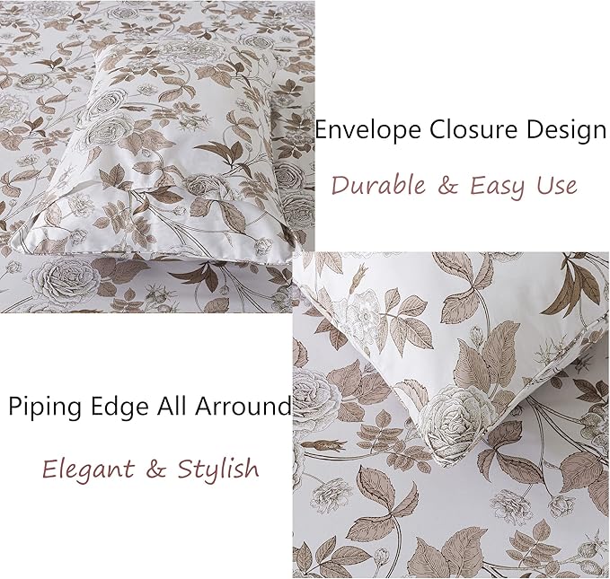 FADFAY Sheets Set Queen Vintage White and Brown Floral Bedding Elegant Peony Sheets Set Shabby Rose Farmhouse Bedding 100% Egyptian Cotton 800 Thread Count Deep Pocket Fitted Sheet 4Pcs, Queen Size