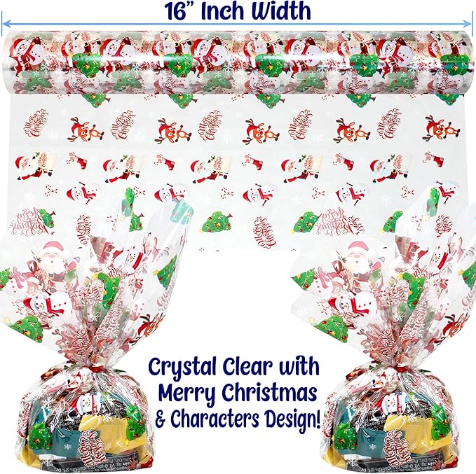 AnapoliZ Christmas Cellophane Wrap Roll | 100’ Ft Long X 16” in. Wide | 2.3 Mil Crystal Clear Merry Christmas Cellophane | Gifts, Baskets, Treats Wrapping Paper | Santa, Snowman, Reindeer Cello Roll