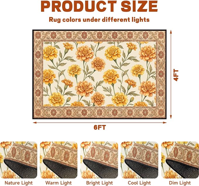 Marigold Floral Area Rug Vintage Boho Rug Bordered Non-Slip Washable Floor Mat for Bedroom Living Room Nursery Kitchen Playroom Home Decor,4'x6'