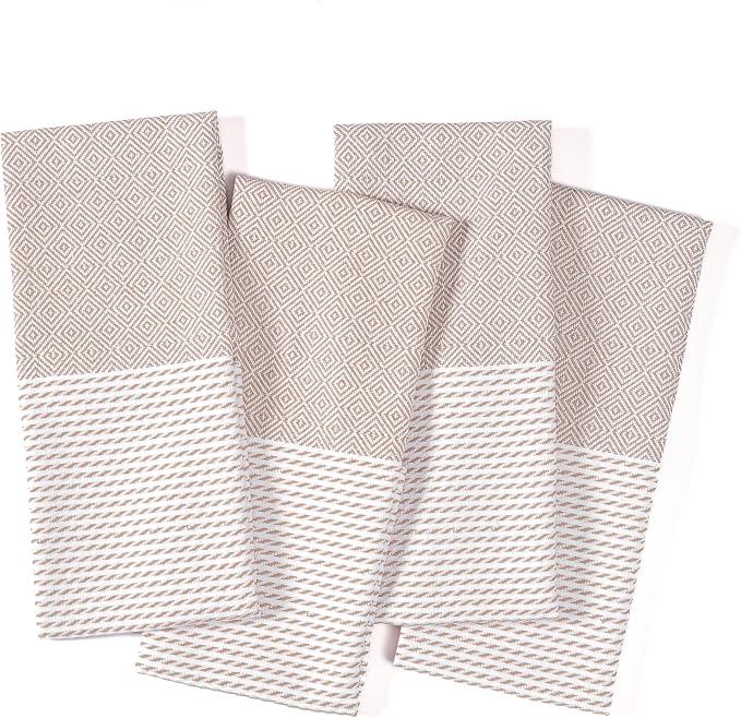 TWINY threads Kitchen Dish Towel Diamond Weave, Large Premium 100% Cotton Kitchen Linen Set, Absorbent Dish Rags for Drying Dishes, Quick Drying Washable Reusable, 4 Pack, 18x26 Inch, Beige