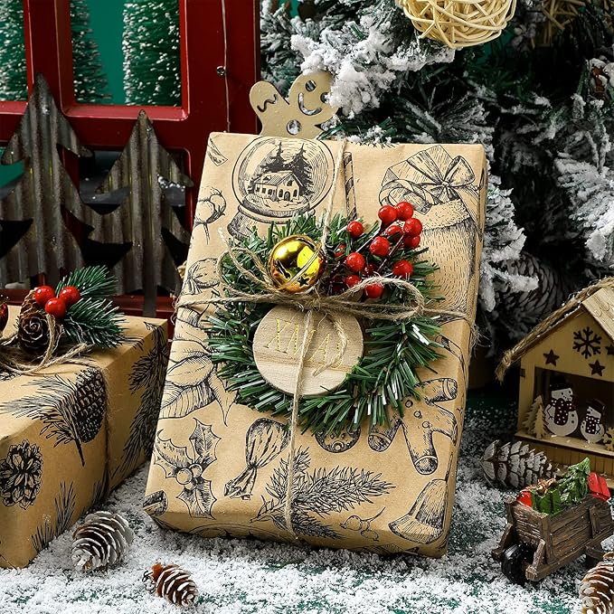 MAYPLUSS Kraft Christmas Wrapping Paper Roll - 3 Mini Roll -17in x120in Per roll,Kraft Vintage Wrapping Paper,Rustic Print for Party,Birthday,Baby Shower,Natural Paper Roll Design (42.3 sqft)