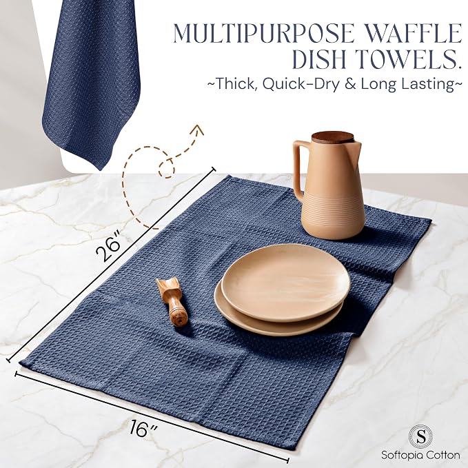Navy Waffle Kitchen Dish Towels, 100% Cotton, Quick Dry, Super Absorbent, Soft, Lint-Free, 16x26 Inches - Ideal for Dish Drying, Tea, Cleaning, and Everyday Use, 4 Pack, Navy Blue