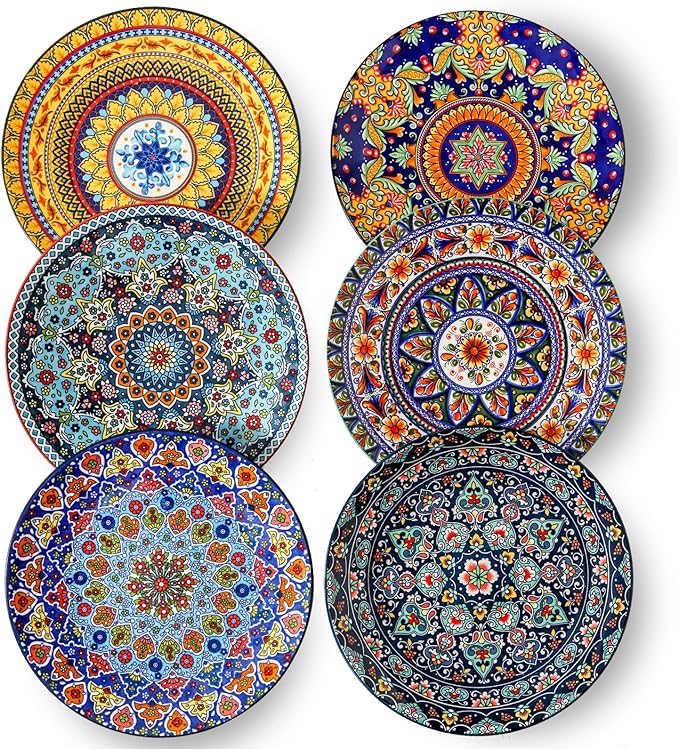 glowworm Dinner Plates, 10.5 Inch Ceramic Plates Set of 6 for Steak, Snacks, Pizza, Cake, Colorful Serving Dishes for Kitchen Decor Gift, Microwave Dishwasher Safe, Bohemian