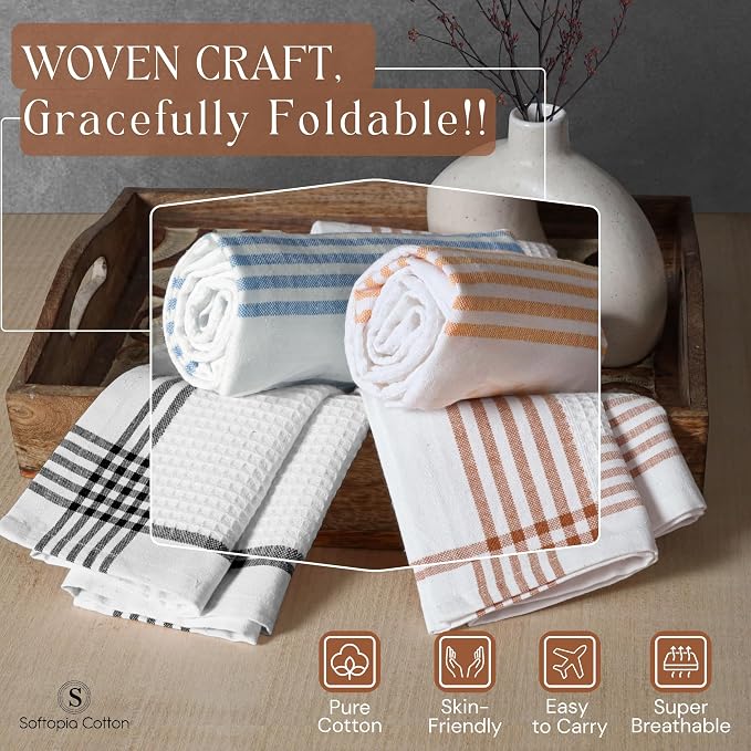 Waffle White & Multi Colors Kitchen Towels Set of 4, 100% Cotton, 16x26 inches, Quick Dry Dishcloths, Ideal Dish Towel for Drying, Wiping - Mustard Yellow, Sky Blue, Brown, Black