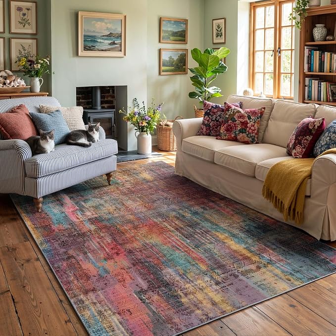 Kokia Abstract Area Rugs 8x10 Bedroom Soft Living Room Rugs Washable Distressed Vintage Comfy Brick Ochre Carpet with Non-Slip Backing for Farmhouse Home Office Room Decor, Oslo Cave