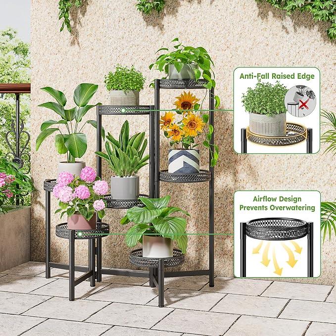 7 Tier Large Metal Plant Stand Indoor Outdoor with 7.9 Inch Wide Tray, Tiered Corner Plant Stand, Flower Display Holder Shelf, Folding Tall Rack for Patio Porch Balcony Living Room Garden - BlackWave