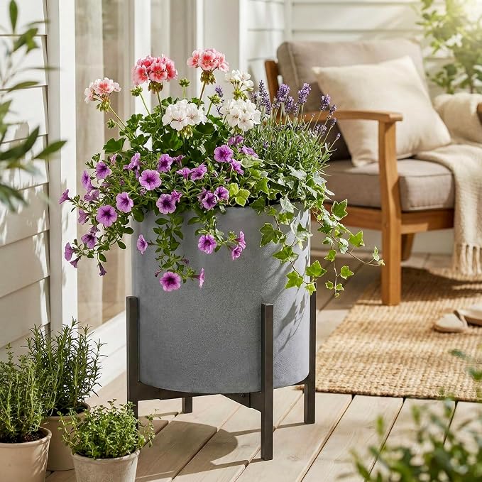 FaithLand 14 Inch Fiberstone Planter - Lightweight Modern Cylinder Plant Pot with Drainage Hole & Plug, Authentic Concrete Look, Gray