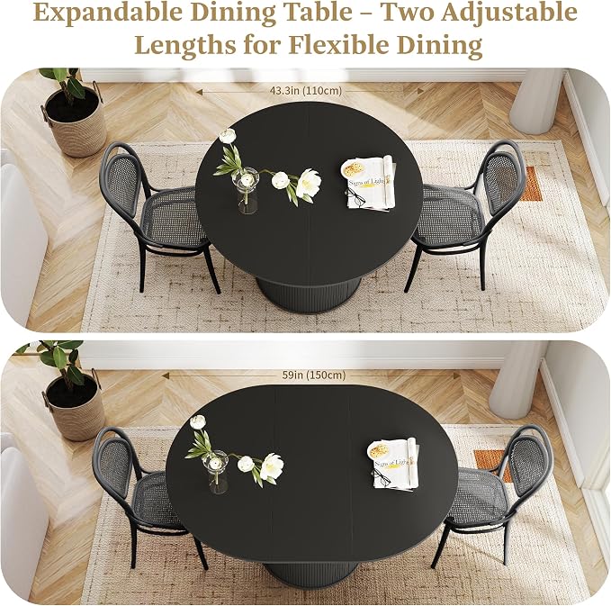 weselon 43"-59" Extendable Round to Oval Dining Table with Hidden Storage, Modern Wooden Kitchen Table with Fluted Sliding Door Cabinet, Expandable Dinner Table for Dining Room Living Room (Black)
