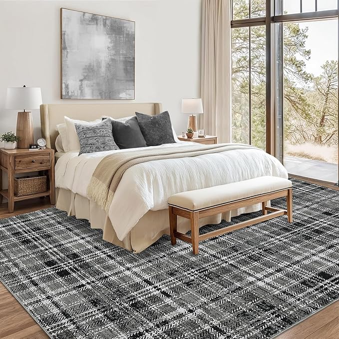Washable Area Rug 5x7 Rug for Living Room Non Slip Modern Rug Soft Area Rug for Bedroom Farmhouse Black Plaid Throw Rugs Contemporary Stain Resistant Carpet for Dining Room 5'x7' Black/Grey