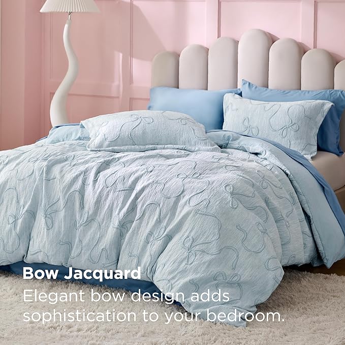 Bedsure Blue Duvet Cover Queen Size with Bowknot Jacquard Design, Soft and Elegant Boho Bedding Set, Luxurious Craftsmanship for a Stylish Bedroom,Includes 1 90"x90" Duvet Cover & 2 Pillow Shams