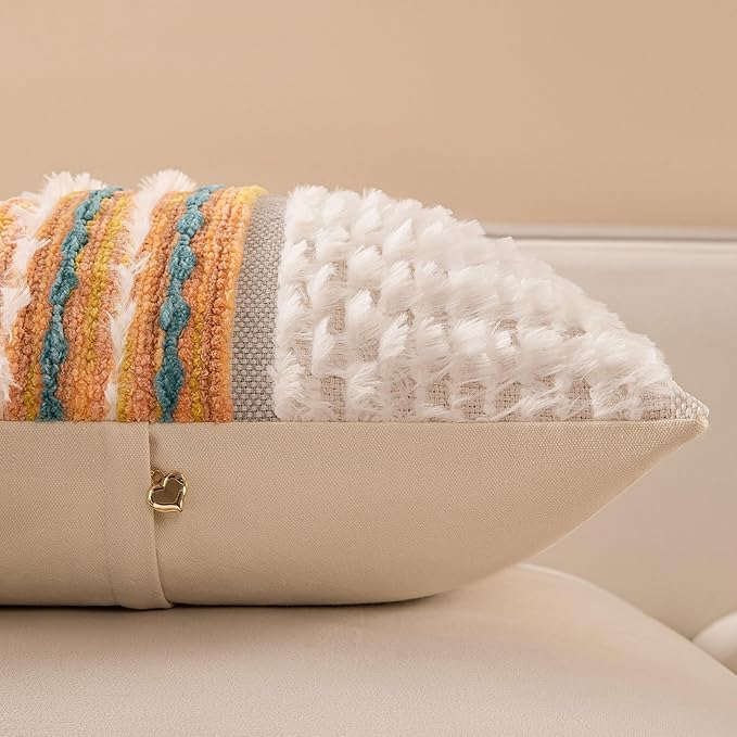 KOOLIFE Fall Boho Chenille Tufted Couch Throw Pillow Covers 18x18 Inch Set of 2 Farmhouse Striped Decorative Pillow Covers Accent Neutral Pillowcase Yellow Teal Cushion Cover for Living Room Sofa Bed