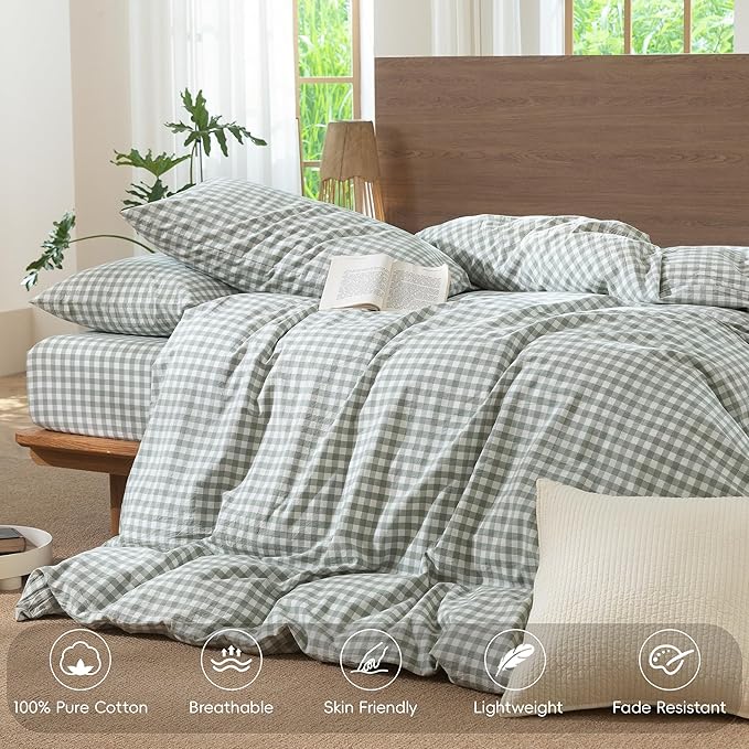 MooMee Gingham Duvet Cover Set 100% Washed Cotton Linen Like Textured Breathable Durable Soft Comfy Modern Checkered Design (Sage Green Gingham, Super Queen 90"x98")